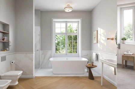 Altbau Badsanierung Hamburg. Modernisiertes Badezimmer im Altbau mit Badewanne, neuen Fliesen und stilvoller Ausstattung