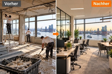Bürosanierung Hamburg. Vorher und nachher mit SKS Handwerkern, modernem Büro und Blick auf die Elbe