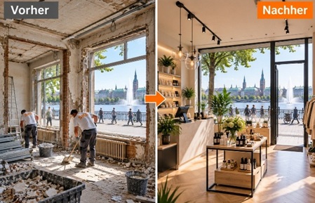 Ladensanierung Hamburg. Vorher Nachher Vergleich eines Geschäfts mit SKS Handwerkern und Blick auf die Alster