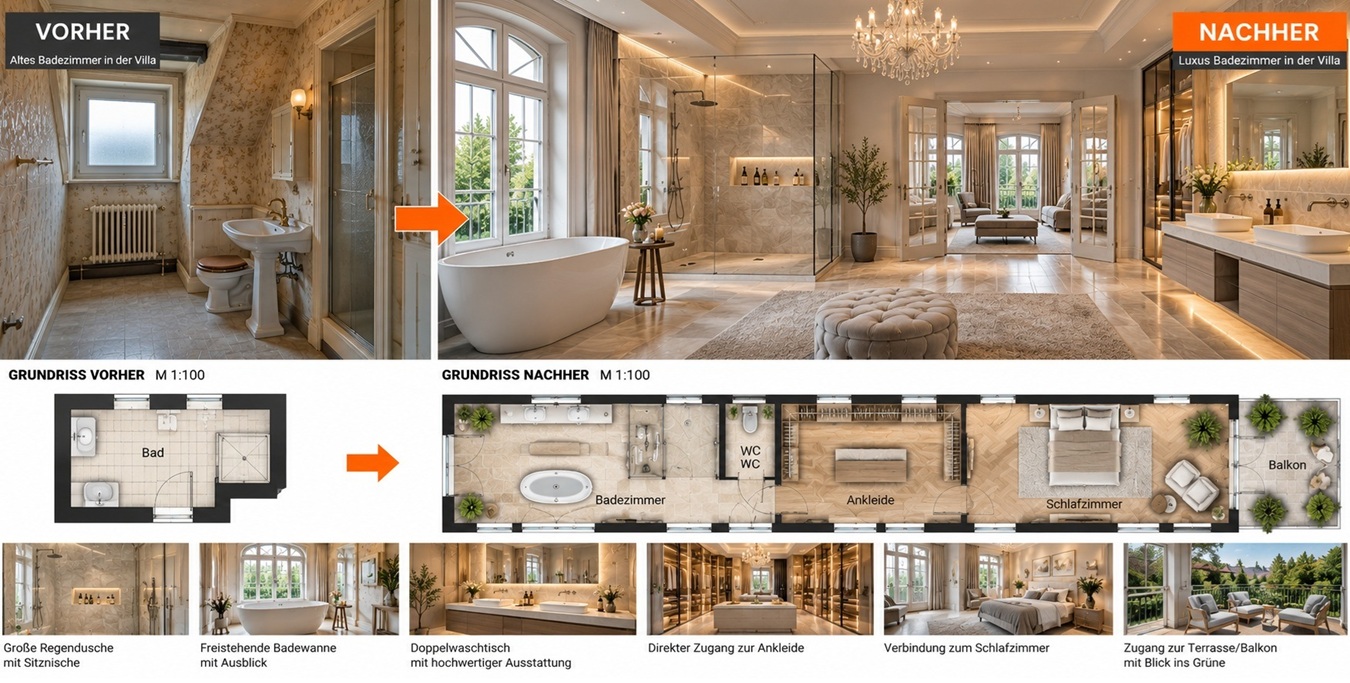 Luxus-Badsanierung Hamburg Vorher Nachher Visualisierung eines alten Villenbades und eines großzügigen Luxus Badezimmers mit freistehender Badewanne, Regendusche, Doppelwaschtisch und Grundrissen