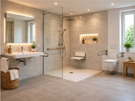 Barrierearme Badsanierung Hamburg Badezimmer mit bodengleicher Dusche, großzügigem Duschbereich und modernem Sanitärbereich