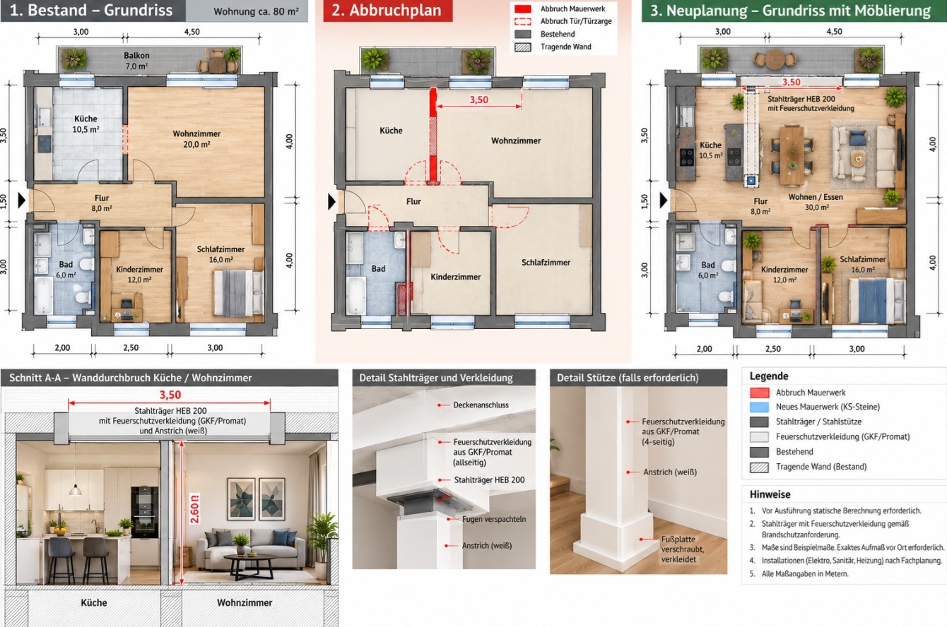 Wohnungssanierung Hamburg Bestandsgrundriss, Abbruchplan und möblierte Neuplanung mit Wanddurchbruch, Stahlträger und Brandschutzverkleidung