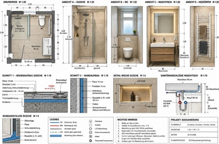 Badsanierung Hamburg. Technische Beispielzeichnung mit Badgrundriss, bodengleicher Dusche, WC, Waschtisch, Wandansichten, Abdichtungsdetails und Sanitäranschlüssen