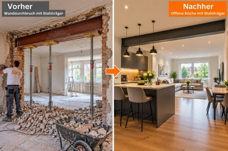 Wanddurchbruch Hamburg Vorher Nachher Bild einer tragenden Wand mit Stahlträger zwischen Küche und Wohnzimmer